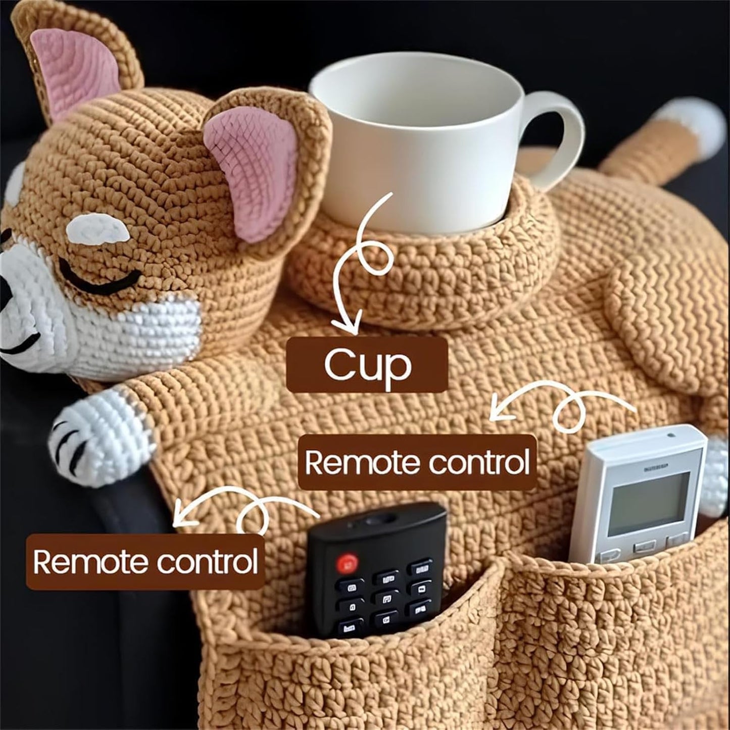 Crochet Dog Sofa Organizer, Handmade Crochet Dog Armchair Organizer, Cute Design, for Holding Remotes, Phone, Treats, Drinks, Cup, Living Room Bedroom Dorm