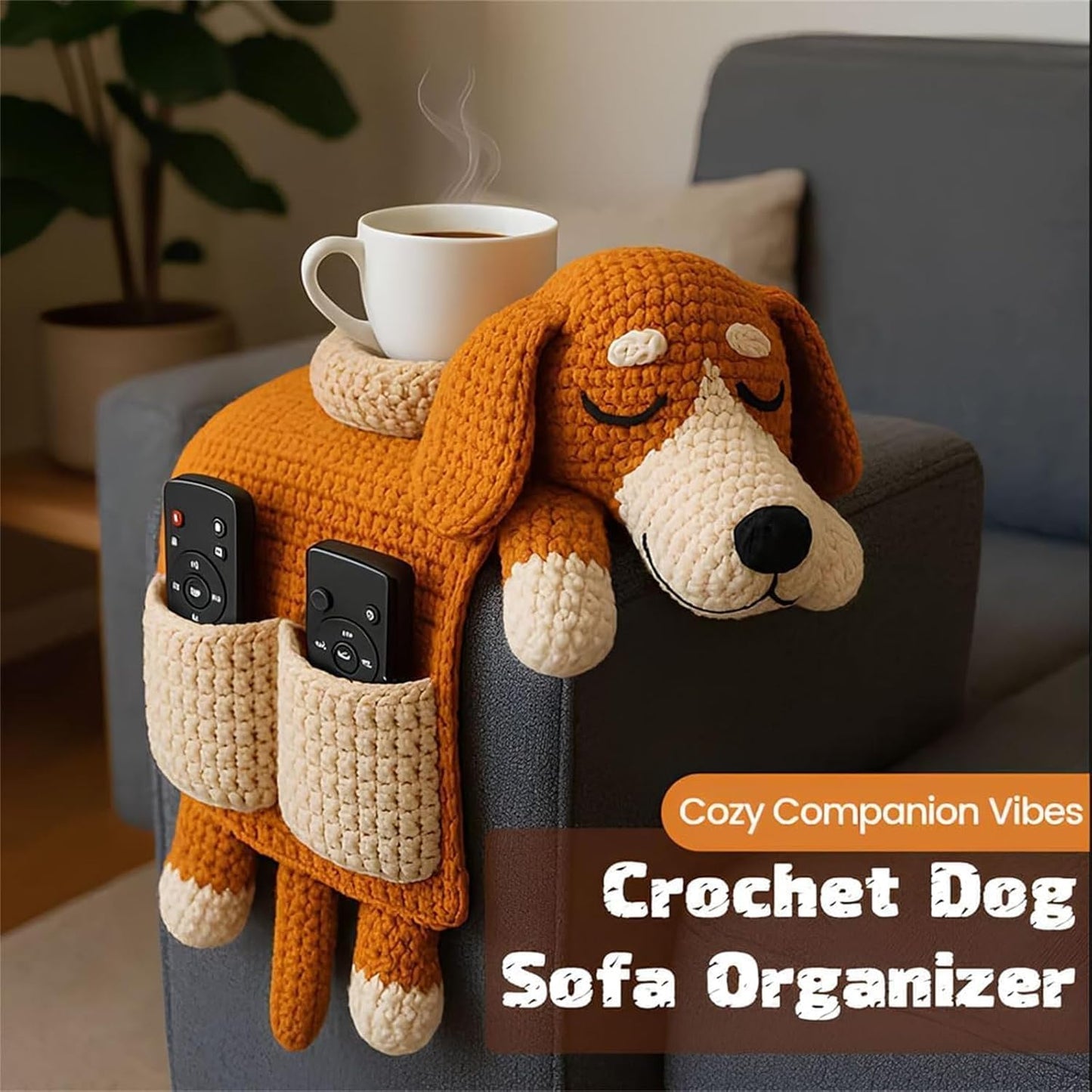 Crochet Dog Sofa Organizer, Handmade Crochet Dog Armchair Organizer, Cute Design, for Holding Remotes, Phone, Treats, Drinks, Cup, Living Room Bedroom Dorm