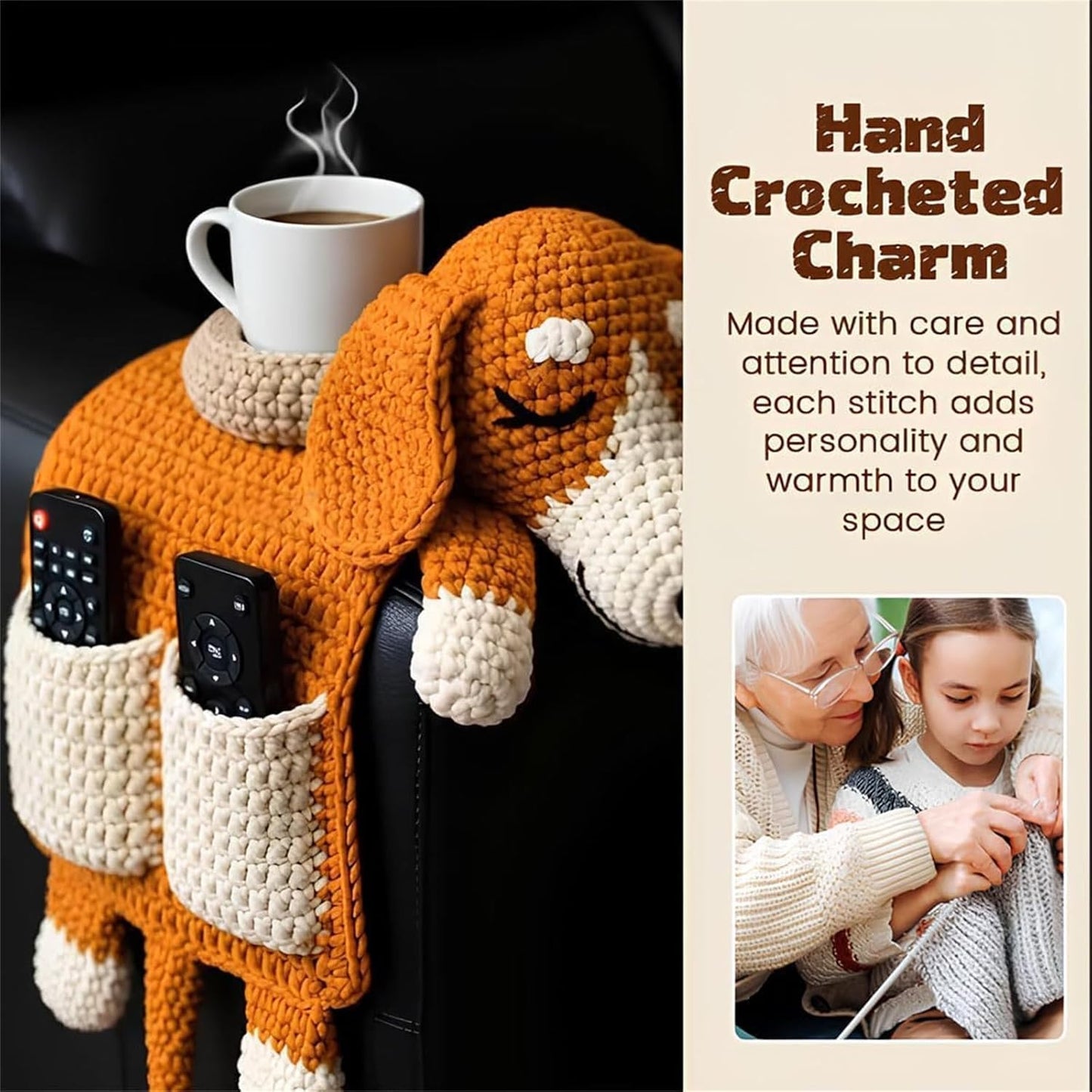 Crochet Dog Sofa Organizer, Handmade Crochet Dog Armchair Organizer, Cute Design, for Holding Remotes, Phone, Treats, Drinks, Cup, Living Room Bedroom Dorm
