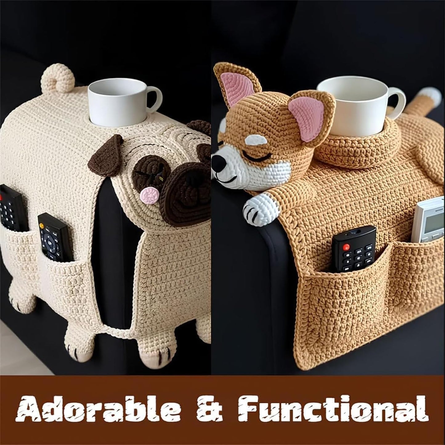 Crochet Dog Sofa Organizer, Handmade Crochet Dog Armchair Organizer, Cute Design, for Holding Remotes, Phone, Treats, Drinks, Cup, Living Room Bedroom Dorm
