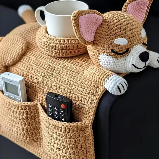 Crochet Dog Sofa Organizer, Handmade Crochet Dog Armchair Organizer, Cute Design, for Holding Remotes, Phone, Treats, Drinks, Cup, Living Room Bedroom Dorm